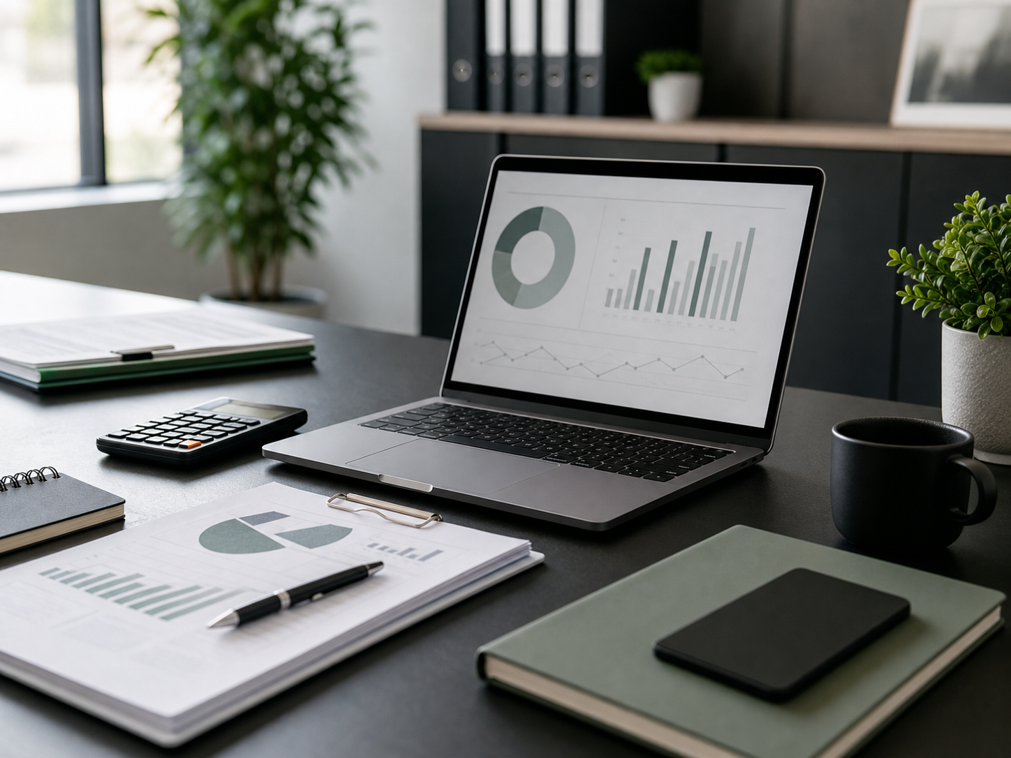 A clean consultancy workspace with audit notes and business documents